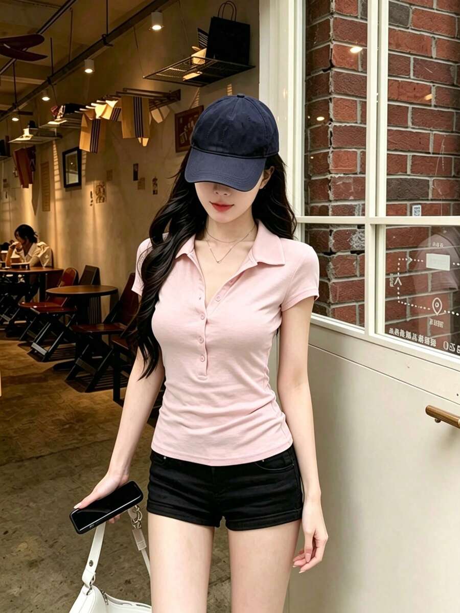 輕量女款 Polo 領短袖 T 恤 收腰內搭上衣 顯瘦優雅休閒 粉色夏季款