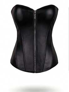 ZGQNBelle Black PU Leather Underbust Corset Top With Zipper, Plus Size Victorian Punk Bustier, Gothic Lingerie For Halloween Costume & Daily Wear - Black - View 1