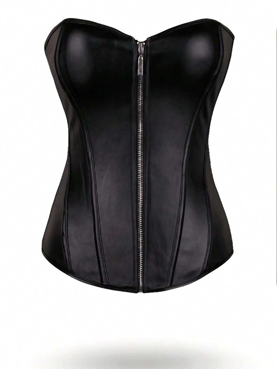 ZGQNBelle Black PU Leather Underbust Corset Top With Zipper, Plus Size Victorian Punk Bustier, Gothic Lingerie For Halloween Costume & Daily Wear - Black - View 1