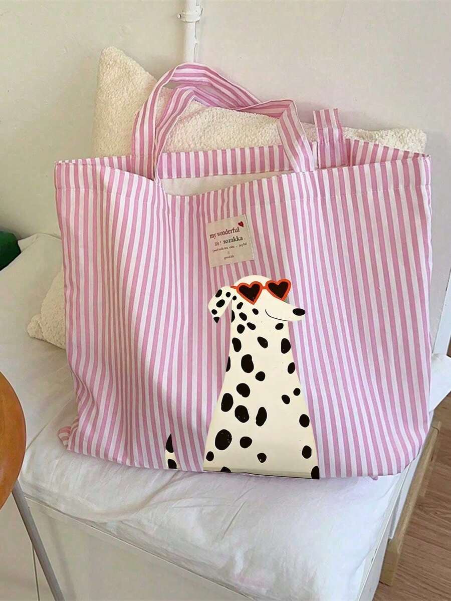 Pink Striped Tote Bag And Cosmetic Bag, Cute Dalmatian Print Reusable Shopping Bag, Travel Toiletry Bag, Red And White, Hand Washable, Summer Vibe - Multicolor - View 1