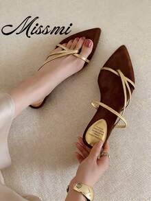 French Style 2-In-1 Strap Pointed Toe Thin Strap Wedge Sandals For Women, 2026 Summer New Vacation Slippers - Gold - View 1