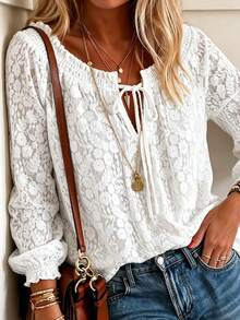 Loose Fit Lace Print & Solid Color Lace Blouse, Commuting Style, Spring/Summer - White - View 3