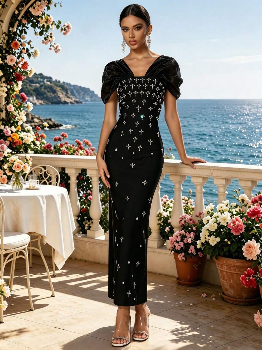 Love Aing New Summer Women's Mesh Patchwork Rhinestone Sexy Party Banquet Split Black Charming Elegant Dress Luxury Evening Gown