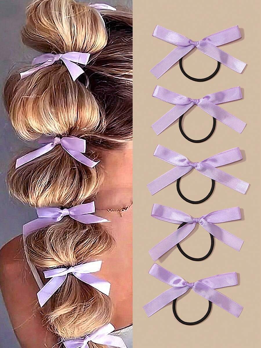 10 pièces Élastiques à cheveux avec nœud papillon violet, bandeaux minimalistes de mode pour femmes, élastiques pour queue de cheval, bandes en caoutchouc - Parme - Voir 1