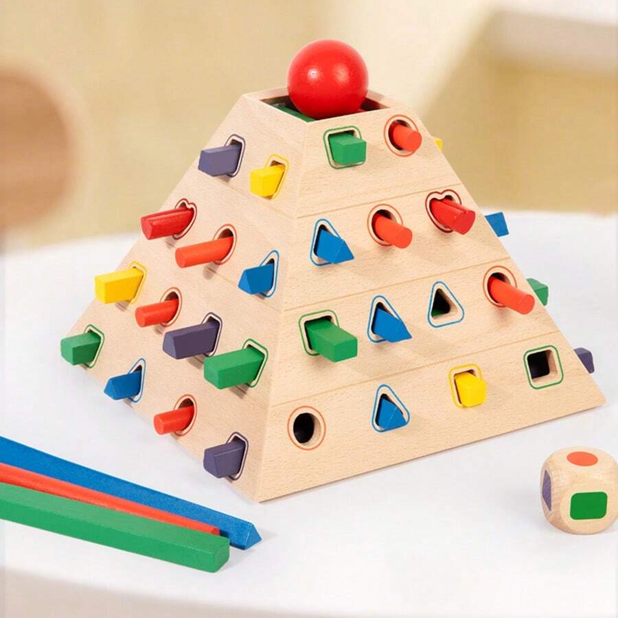Pyramid-Shaped Wooden Stick Pulling Game Montessori Educational Toy, Geometric Shape Recognition, Color Matching, Stick Insertion, Educational Wooden Toy For Toddlers