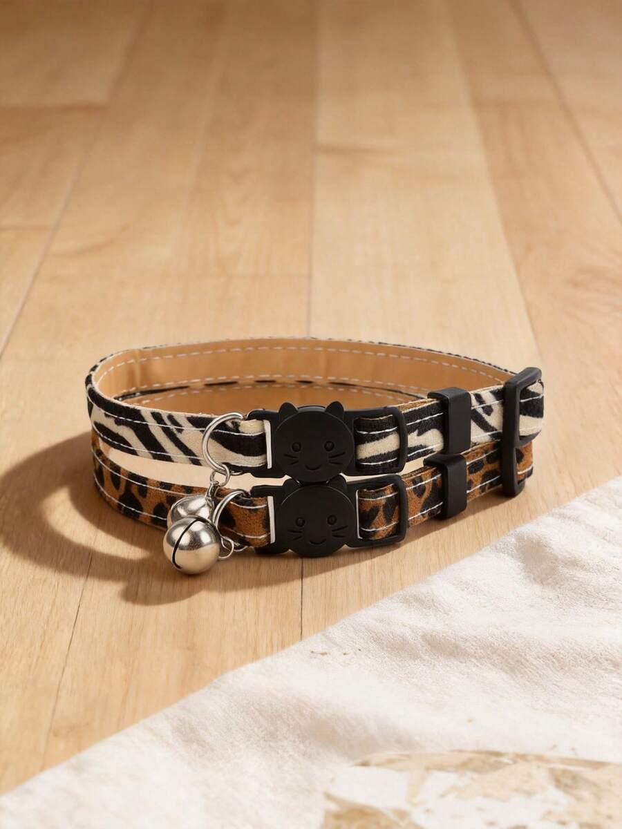 1pc/2pcs Zebra & Leopard Print Cat Necklace With Bell, Adjustable Neck Size Pet Collar - Multicolor - View 1