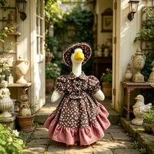 Porch Goose Statue Spring Outfit Creative Goose Statue Floral Print Dress With Hat For Outdoor Garden Yard - Patchwork - View 5