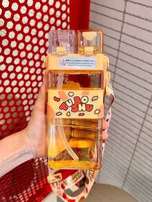 兒童雙飲水杯 夏季可愛大容量卡通吸管杯 中性學生戶外便攜橘色水壺附掛繩 - 橘色 - 查看 7