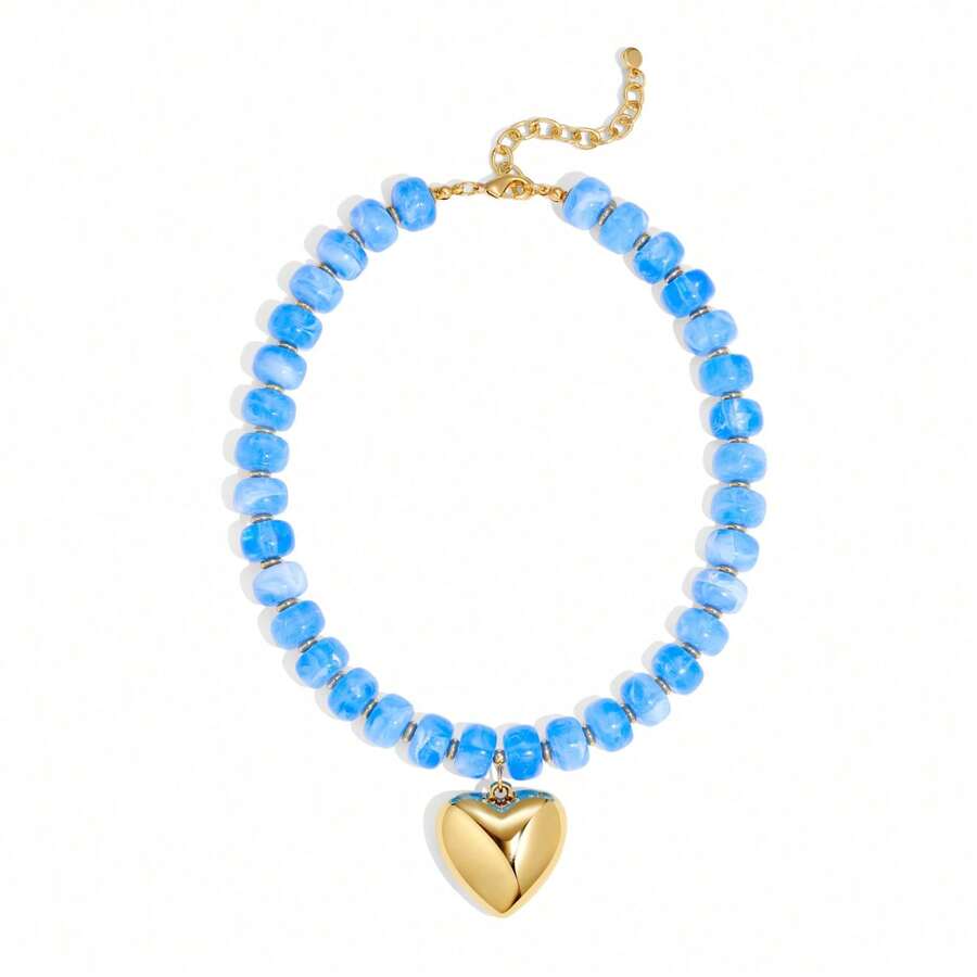Chunky Beads Necklace For Women Gold Puffy Heart Choker Necklace Colorful Resin Beaded Heart Pendant Necklaces Statement Jewelry - Baby Blue - View 1
