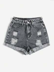 OODS  Shorts vaqueros de mujer para verano con bolsillos sesgados y rotos, con puños - Gris Oscuro - Ver 4