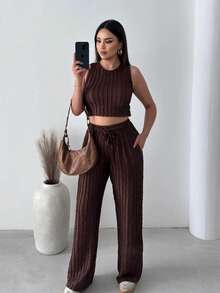 Women's Fitted Tank Top With Reverse Seam Crop Top And Wide Leg Pants 2 Pieces Set - Brown - View 5