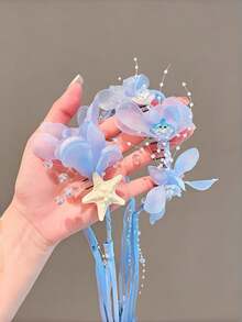 1件海洋風藍色歐根紗花朵海星髮箍，仙女緞帶珍珠髮飾，適合日常與旅行 - 彩色 - 查看 2