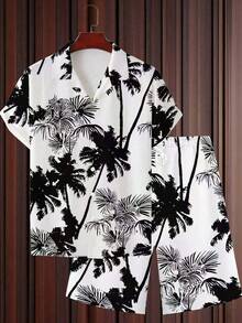 2pcs/Set Men's Casual Patterned Short Sleeve Polo Collar Shirt And Shorts Set For Summer,Hawaiian - Multicolor - View 2