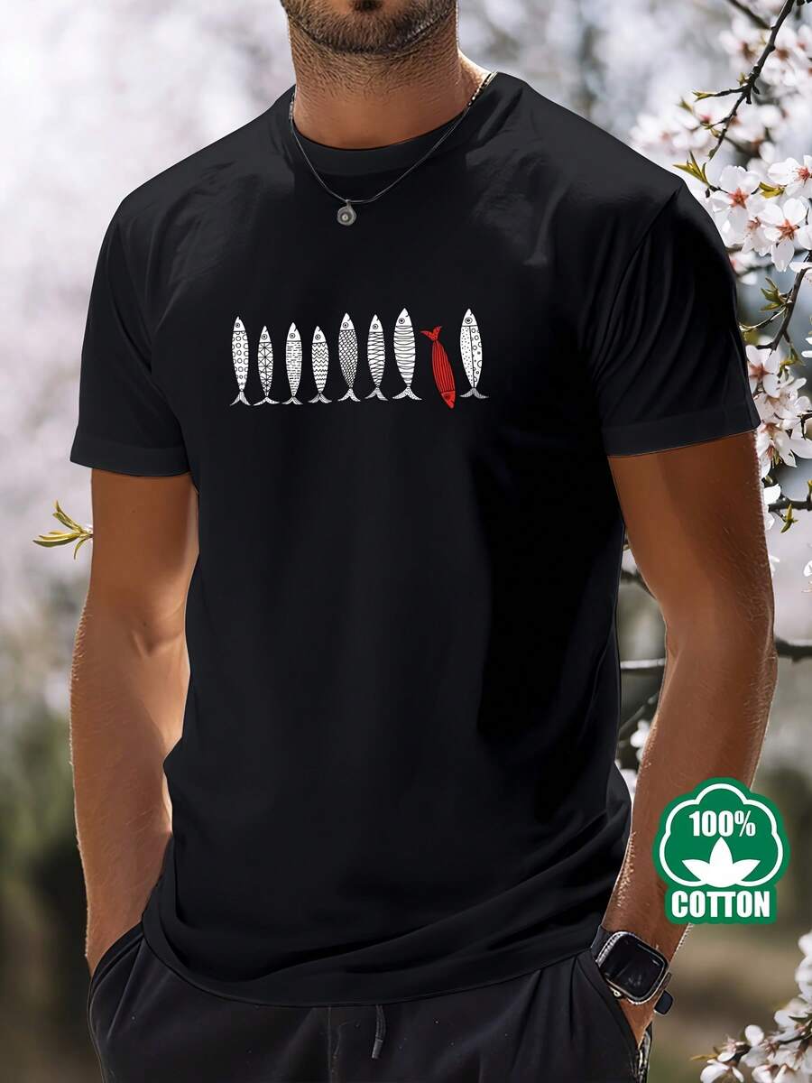 T24-T250346-L Cute Sardine Combed High-Quality Original Fun Short-Sleeve T-Shirt - 黑色 - 查看 1