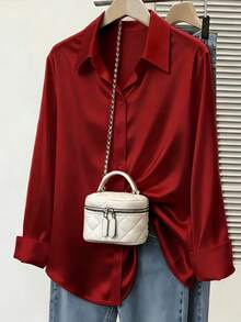 Women's Wine Red Silky Polyester Shirt, Long Regular Sleeve, Shirt Collar, Fashion Versatile, Suitable For Autumn - Burgundy - View 2