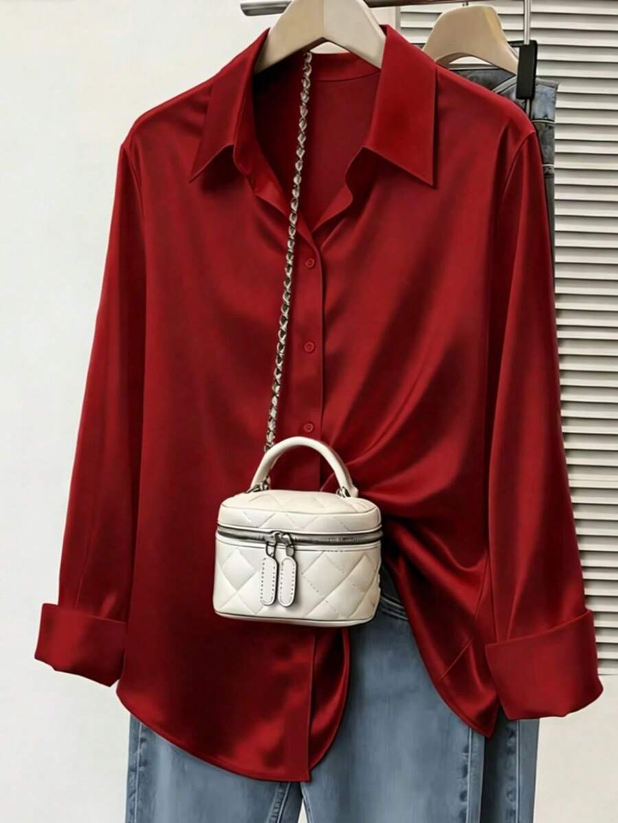 Women's Wine Red Silky Polyester Shirt, Long Regular Sleeve, Shirt Collar, Fashion Versatile, Suitable For Autumn