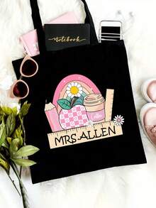 Pencil Print Polyester Custom Name Tote Bag - Casual Style, Lightweight,Open Closure,Daily Commute Bag With Printed Design, Travel Storage Bag - Multicolor - View 4