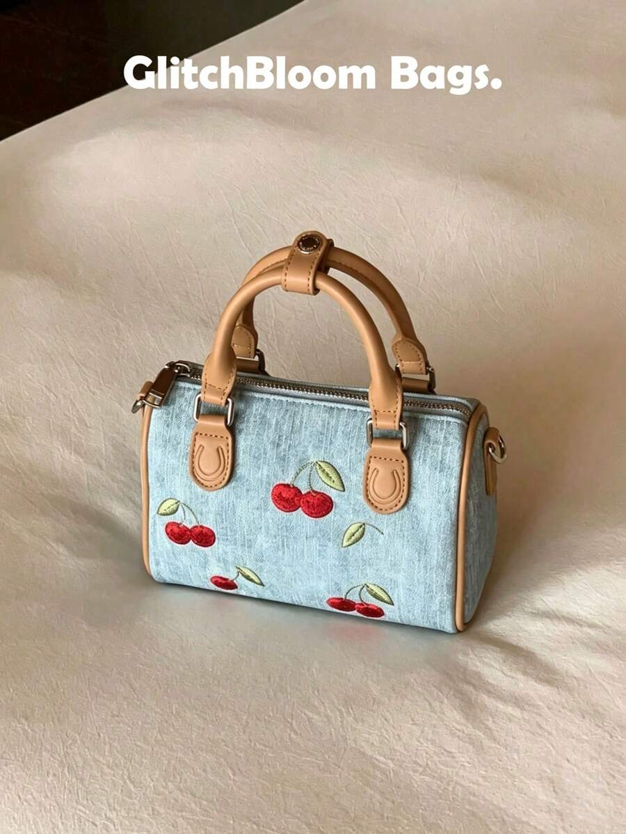 Vintage Denim Mini Boston Bag - Cherry Embroidered Handbag With Tassel Details (No Charm Included) - Blue - View 1