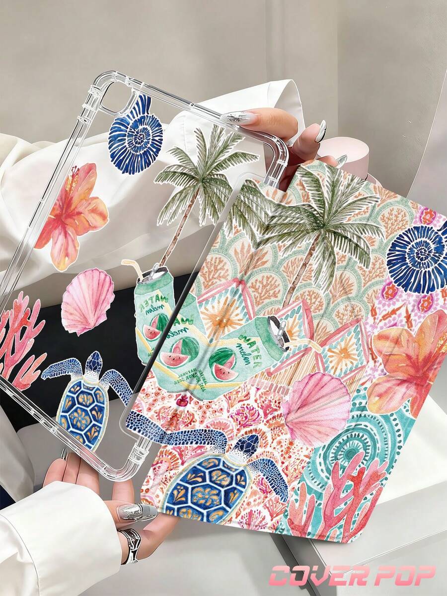 椰子樹、貝殼、牡丹花與海龜圖案平板保護殼，相容 iPad 9.7/10.2/10.5/10.9/12.9/Pro 11、第 10 代，相容 Galaxy Tab S6 Lite 10.4 吋，相容 Kindle Paperwhite 第 12 代 2024、Kindle（第 11 代 - 2024 發行），柔軟防摔，智慧支架/自動喚醒/睡眠，Y 型折疊平板保護套，支援多種觀看角度