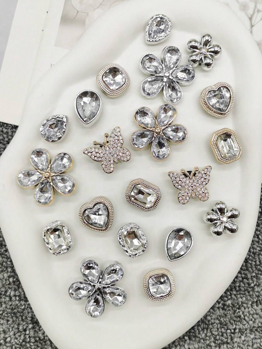 10PCS Silvery Golden Flower ABS Shoe Charms Accessories Shiny Rhinestone Butterfly Clogs Shoe Buckles Diy Decorations Luxury Heart Shoe Clips Decor