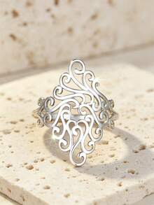 Vintage 925 Sterling Silver Hollow Floral Pattern Ring, Bohemian Style Ladies Ring, Party/Dating Gift - Silver - View 9