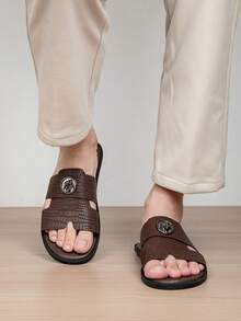2026 New Men's Summer Casual Crocodile Pattern Open Toe Soft Sole Slides - Brown - View 5