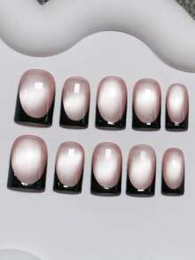 Shecass 10pcs High-Quality Handmade Square False Nails, Y2K Style Cat Eye Nude & Black French Manicure, Includes 3 Tools, Suitable For Summer Daily Wear, Graduation Trip Vacation, Party Music Festival And Back To School Season Gift - Multicolor - View 2