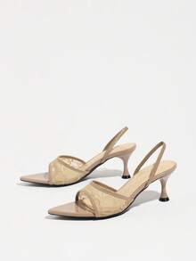 Women's Elegant Lace Mesh Mule Sandals, Classic Sexy Wide Strap Pointed Toe Open Toe Elastic Band Kitten Heel Wine Glass Low Heel Shoes, Spring Summer Fashion Night Party Runway Casual Home Outdoor Shopping Travel Avant-Garde Office Commute Slip-On Back Strap Sandals, High-End Texture Mirror Skin-Friendly Hollow Mesh Lace Texture Avant-Garde Elegant Warm Versatile Khaki Women's Shoes Ramadan High Heel Sandals - Khaki - View 7
