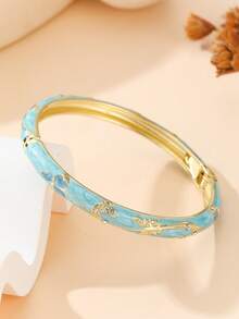 1pc Fashion New Rhinestone Decor Enamel Floral Pattern Filigree Bracelet Bangle Jewelry Gift For Women And Girls - Mint Blue - View 3
