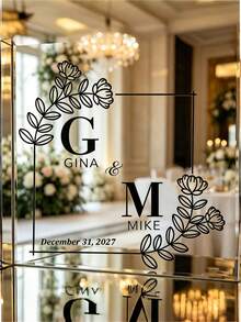 Custom Name, Date And Initial Art Square Leaf Wedding Minimalist Text Vinyl Wall Decal, Celebration Party Wall Sticker, Suitable For Shower, Party, Event, Personalized Welcome Sign, Decorative Mirror Decal - Multicolor 9 - View 5