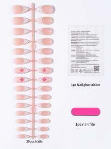 24 piezas de uñas postizas de gel 3D con forma de almendra larga, uñas con lunares, arte de uñas con flores y perlas, uñas postizas francesas, incluye 1 pieza de cinta adhesiva de doble cara y 1 pieza de lima de uñas, arte de uñas de verano y uñas francesas - Multicolor - Ver 6