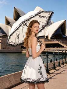 Butterfly Lace Edge Black Parasol, Dual-Use For Sun And Rain, UV Protection Sun Umbrella With Vintage Lace Trim, Lightweight And Compact, Suitable For Beach, Travel, Daily Commute, Outdoor Walks, Perfect For Women, Girls, Ladies, Great Father's Day Gift, Independence Day Essential, Graduation Season Essential, Summer Accessory - Multicolor - View 3
