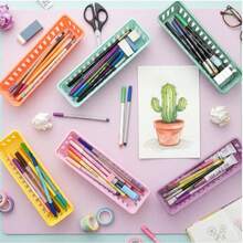 1/6Pcs 25.5*7.5*6cm Morandi Solid Color Plastic Storage Basket, Open Rectangular Desktop Stationery Pen Holder Organizer, Durable Tidy Caddy For Homeschool, Classroom & Office, Great Back To School Gift For Teachers And Students. School Supplies - Multicolor - View 5