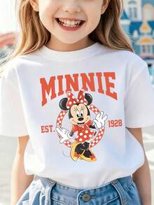 Disney Girls Short Sleeve Tee 2-14Y, Classic Red Polka Dot Minnie Mouse Check Ring Print Top, Holiday Daily Outfit, Express Delivery - 白色 - 查看 1