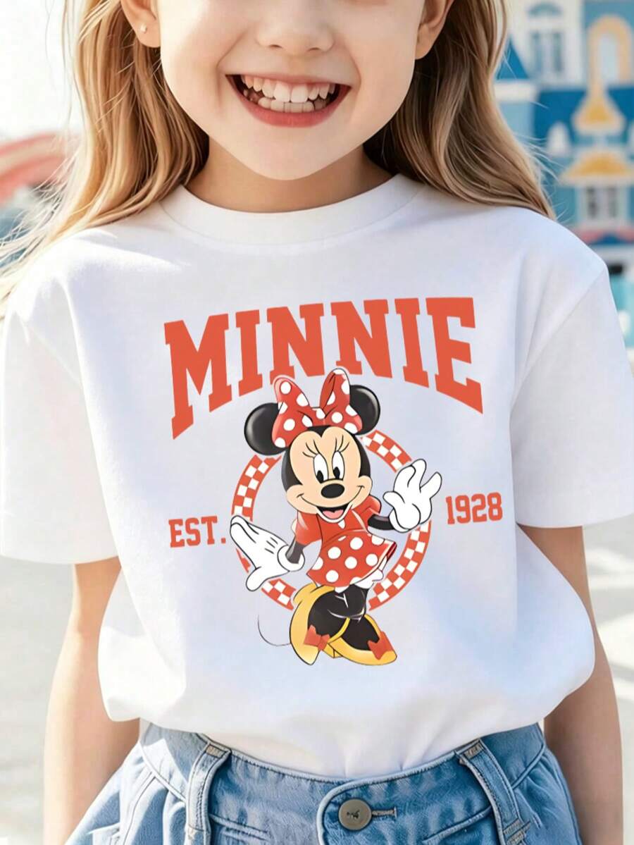 Disney Girls Short Sleeve Tee 2-14Y, Classic Red Polka Dot Minnie Mouse Check Ring Print Top, Holiday Daily Outfit, Express Delivery - 白色 - 查看 1