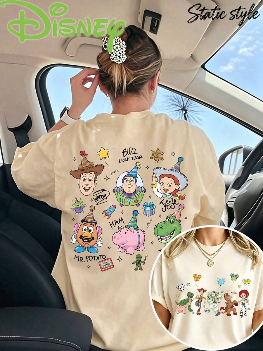 Women's Casual T-Shirt, Disney Toy Story 5 Main Character Large Portrait T-Shirt, Suitable For Everyday Casual Wear, Versatile T-Shirt - Apricot - View 1