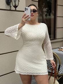 Dripcurv Vestido de mujer talla grande con cuello redondo, parches de encaje, moda diaria, salida, mangas acampanadas - Blanco - Ver 7