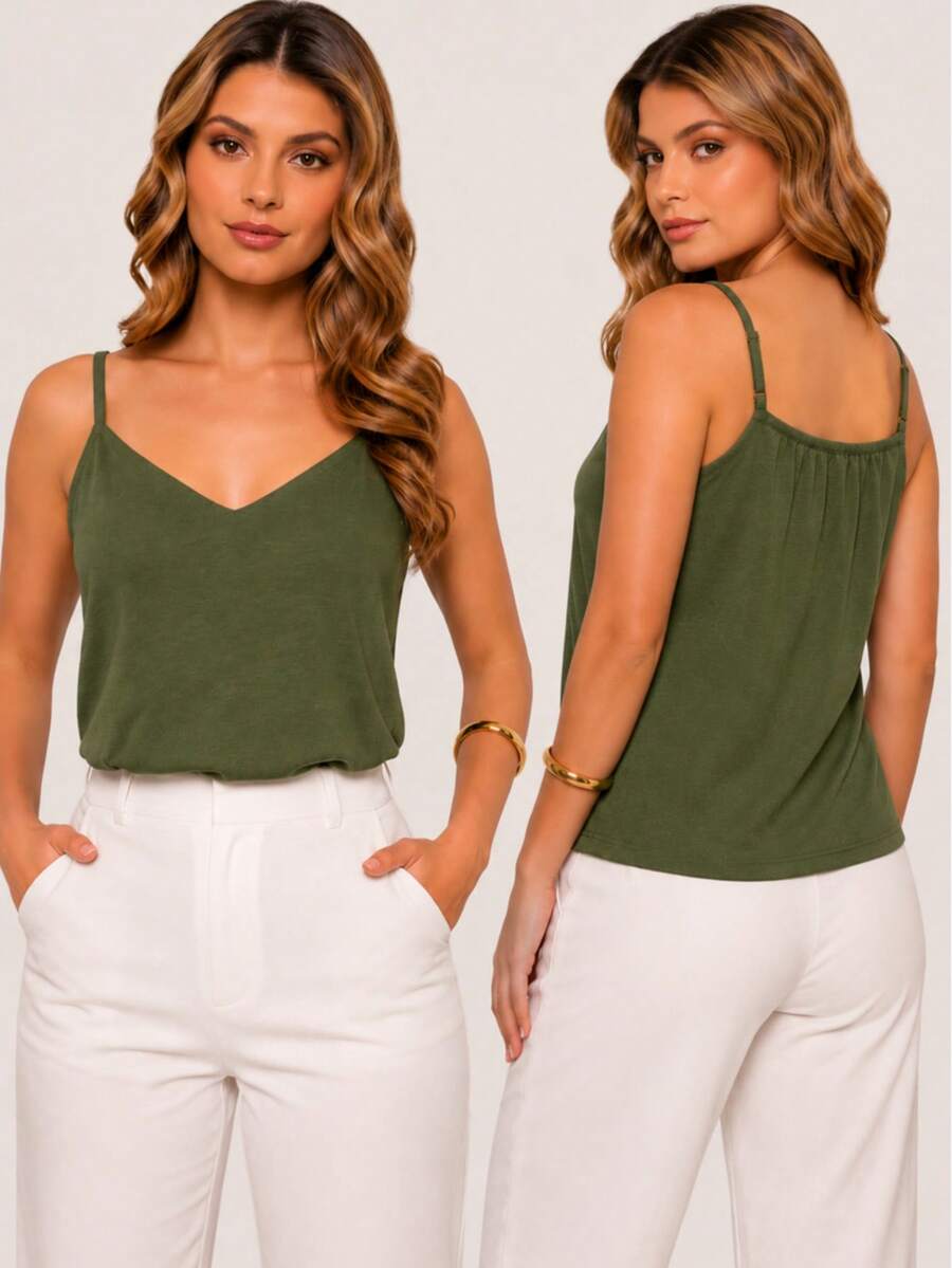 Thin-Strapped Tank Top. Polyester With Adjustable Straps. Available In Sizes V, S To XL. Perfect For Everyday Travel, Vacation, Home, And Summer. - Army Green - View 1
