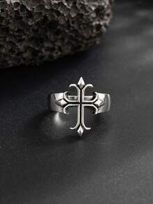 1pc Personalized Punk Cross Ring, Fashion Geometric Metal Single Ring, Suitable For Layering, Daily Party Accessory, Holiday Gift For Family And Friends - Antique Silver - View 3