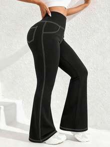 New Women's Plus Size Flare Sports Leggings, 1pc, With 4 Front And Back Pockets, Denim Effect Seam Detail Black Fall - Black - View 3