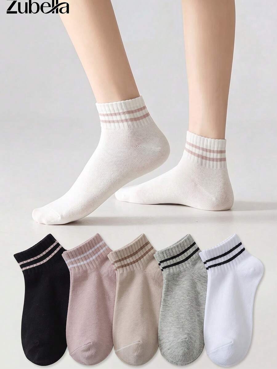 5PAIRS Women's White Black Comfort Striped Socks Athletic Striped Short Socks Ankle Socks,Style & Comfort Crew Socks, Suitable For All Seasons - View 1
