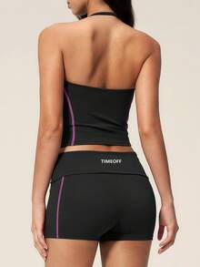 TimeOff Women's One Set Solid Color Adjustable Strap Camisole Tank Top & Wide Leg Mid-Length Shorts Sports Set - Black - View 10