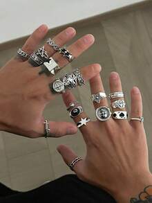 20pcs Personalized Geometric Metal Ring Set, Fashion Punk Star Rings, Suitable For Stacking, Daily Party Accessories, Unisex, Holiday Gift For Family And Friends - Antique Silver - View 7