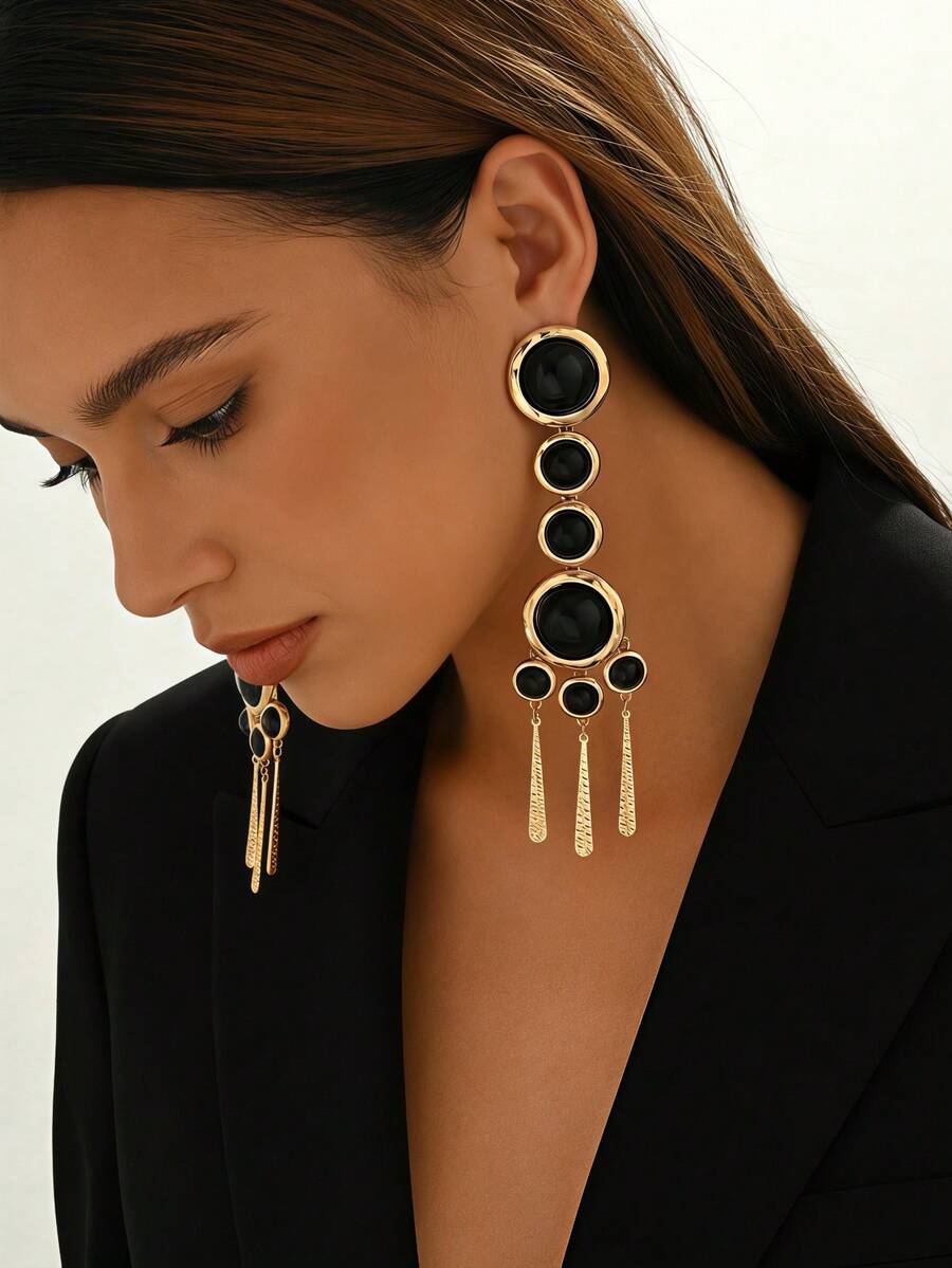 1 Pair Women's European & American Vintage Style Gold-Plated Round Faux Black Agate Long Vertical Tassel Earrings, Mixed Size Round Stone Hanging Design, Exaggerated Elegant Earrings For Commute, Evening Party, Beach Vacation And Daily Wear - Golden Yellow+Black - View 1