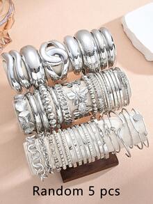 5/15/30pcs Punk Old Money Style Silver Flower Geometric Thick Bangle Set, Women's Beach Party Gift (Random Style) - Silver - View 6