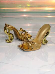 女款金色蝴蝶結裝飾方頭高跟穆勒涼鞋，華麗派對高跟拖鞋 - 金色 - 查看 3