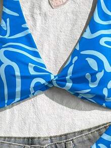 Conjunto de bikini de bandeau con estampado completo y nudo delantero, moda de verano para vacaciones en la playa para mujer - Rosa Pálido - Ver 11