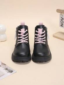 1 Pair Pink Heart Decor Girls' Boots, Round Toe Thick Sole Height-Increasing Double Side Zipper Design, Fashionable Cute Princess Style Chelsea Abkle Boots, Suitable For School, Daily, Birthday, Party, Outdoor Wear, Autumn/Winter New - Black - View 5