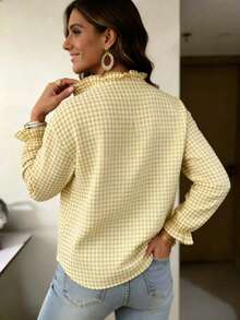 Women's Plaid Ruffle Trim Button Detail Stand Collar Long Sleeve Regular Fit Polyester Blouse - Light Yellow - View 3