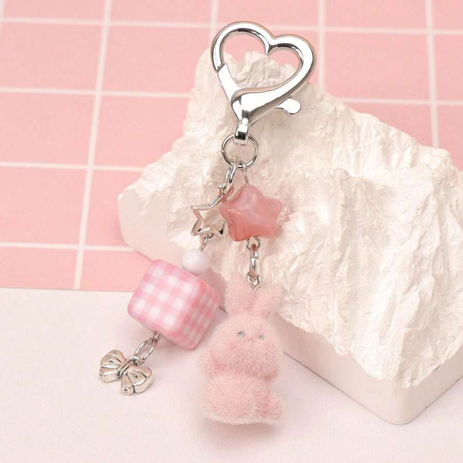 1pc Unisex Cartoon Flocked Bunny Keychain Cute Heart Mushroom Pendant Accessory Bag Charm - Multicolor - View 1